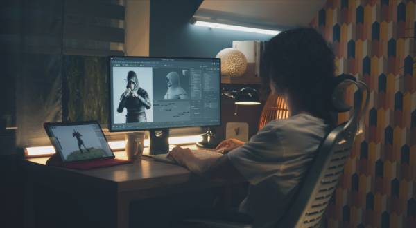 Rear view of a male designer making animations using modern computer and software for animation projects.